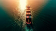 A view from a height of a container cargo ship leaving an industrial port at sea during sunset. Logistics of international transportation, industrial and business logistics, import and export abroad.