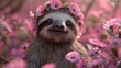   A sloth dons a flower crown, seated amidst a pink-purple flower field