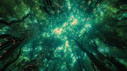 Poster - A forest with trees that are lit up in green