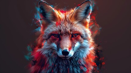 Wall Mural - In pop art style, an abstract, colorful, neon portrait of a Fox's head is set against a dark brown background.