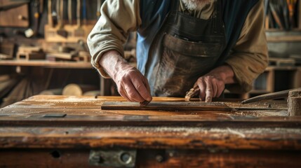 Canvas Print - A man wearing a hat is skillfully crafting a piece of hardwood in his workshop, creating a beautiful art piece. AIG41