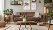 © lililia - a serene living room adorned with a brown single sofa, wooden coffee table, and neutral carpet, complemented by Scandinavian-style home decor and lush greenery against a soothing grey background.