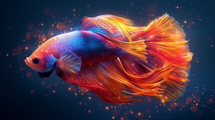 Abstract, neon, modern portrait of a fighting fish in watercolor style in a tropical setting.