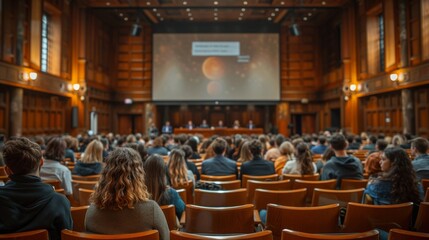 Wall Mural - An academic conference is in full swing as experts from various fields come together to discuss the groundbreaking implications of successfully harnessing the power and potential