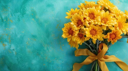 Wall Mural - A vibrant bouquet of yellow chrysanthemums elegantly adorned with a ribbon pops against a turquoise backdrop These festive blooms serve as the perfect gift for occasions like Mother s Day W