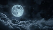 Full moon in the night sky with stars surrounded by dramatic clouds.