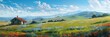 A peaceful rural scene rendered in oil paints, where rolling green hills are dotted with colorful wildflowers and a small, cozy cottage sits under a vast, clear blue sky