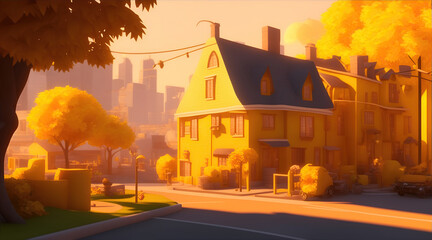 city landscape with houses Cinematic Cozy Neighborhood 3D Sunlit Scene in Yellow and Gold