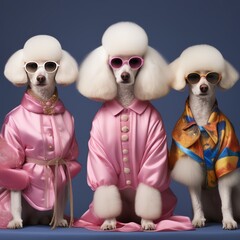 Wall Mural - two cute dogs in a fashionable outfits. fashion and modern dogs. funny pets. dog the studio