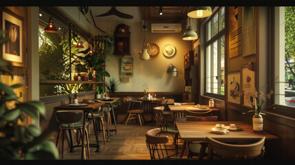 A restaurant with a lot of plants and a lot of chairs