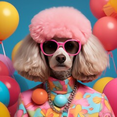 Poster - portrait of dog with pink wig and sunglasses balloons on head