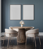 Fototapeta  - Wooden beige dining room interior with dining table, and chairs background. Blue wall  wooden dark  floor. Mock up empty 2 picture frame. 3d rendering. High quality 3d illustration