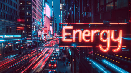 A neon sign that says energy is lit up in a city