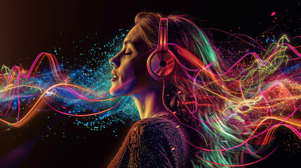 Wall Mural - A woman is wearing headphones and listening to music