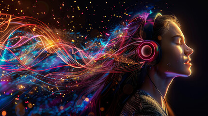 Wall Mural - A woman is wearing headphones and listening to music