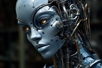 Portrait of a blue cyber woman with no emotions on a mechanical face and eyes glowing with yellow light