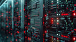 A computer server room with many red lights