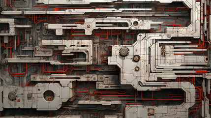 Wall Mural - background with metallic panels texture, wires and circuit. spaceship hull wall technology backgroun