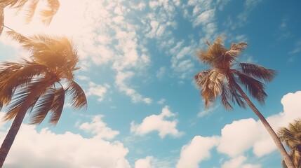 Wall Mural - Blue sky and palm trees view from below, vintage style, tropical beach and summer background.