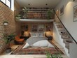 A bedroom with a brick wall, a bed, a chair, a rug, and a potted plant