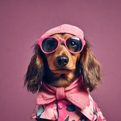 Canvas Print - cute chihuahua dressed in pink sunglasses and scarf, posing with a background studio.