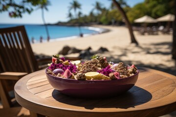 Acai on the beach, vibrant tropical scene., generative IA