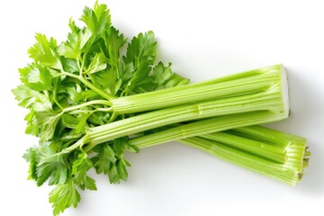 Wall Mural - Freshly Cut Celery Stalks - Top View Layout Isolated on White Background. Ideal for Healthy