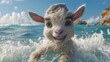   A tight shot of a goat at water's edge, eyes reflecting, as a figure surfs in the distance