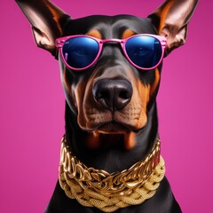 Canvas Print - dog with sunglasses and collar pink gradient.