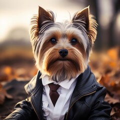 Wall Mural - portrait of a handsome yorkshire terrier dressed in autumn clothes.