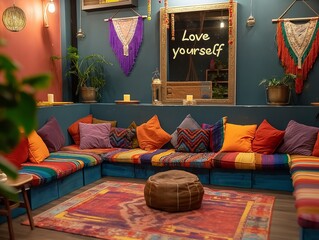 Wall Mural - A colorful room with a large rug and a mirror with the words 