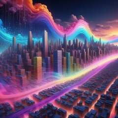 Sticker - colorful futuristic city background with rainbow, 3d rendering