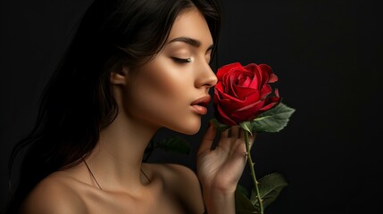 Wall Mural - sensual woman with red rose and closed eyes, model beauty closeup isolated on black