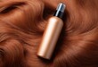Top view of golden bottle of cosmetic product on red curls. Hair coloring and salon professional care. Ai generation