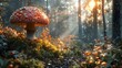 Enchanting forest sunrise with amanita mushroom