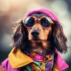 Canvas Print - dog with sunglasses in the autumn forest. a scarf