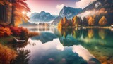 Fototapeta Natura - Beautiful autumn scene of Hintersee lake. Colorful morning view of Bavarian Alps on the Austrian border, Germany, Europe. Beauty of nature concept background.
