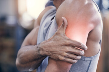 Poster - Man, arm muscle and pain with red bicep in gym from exercise or workout with joint hurt for fitness. Training, tension and swollen with glow from intense weightlifting with physical therapy in sports