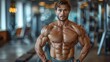 Displaying a Ripped Physique: Muscular Man Flexing in the Gym with Exercise Equipment. Concept Gym Workouts, Bodybuilding, Strength Training, Muscle Flexing, Fitness Motivation