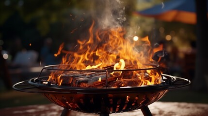 Wall Mural - embers of fire in metal kettle on portable backyard grill at summer barbecue.