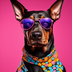 Canvas Print - dog wearing a black sunglasses, with an animal on colored background. funny pink