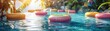 Vibrant pool party scene featuring tropical decorations and colorful floaties bobbing in the water