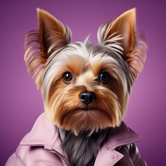 Poster - portrait of a beautiful yorkshire dog in purple jacket.