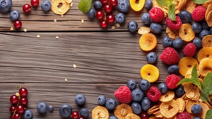 Poster - cereal and berries on wooden surface