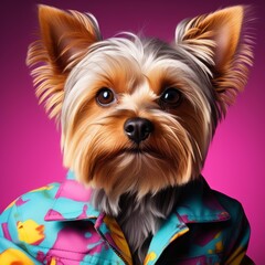 Sticker - cute dog wearing a stylish shirt and bow tie with colorful background.