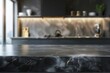 Modern dark marble table on blurry kitchen background for product display - digital ai art