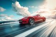 © Daria - Red luxury super car racing at high speed on sunny day highway turn with motion blur effect