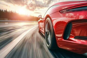 Wall Mural - Red business car racing around curve on high-speed highway in sunny day motion drive