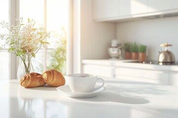 Wall Mural - Morning coffee in a bright modern kitchen with copy space, summer breakfast scene on a white table