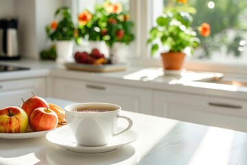 Bright modern kitchen morning coffee scene with copy space, summer breakfast on white table